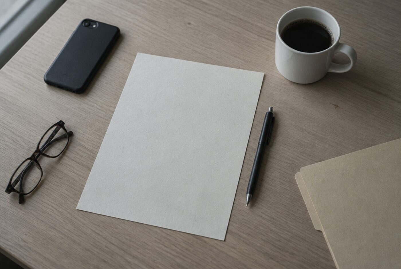 A single sheet of paper, a pen and a cup of coffee on a plain desk