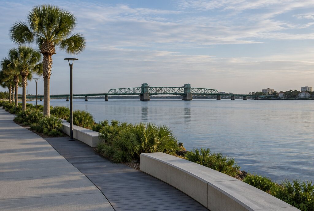 The Bradenton Riverwalk on the Manatee River in early morning light